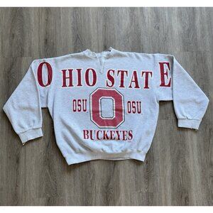 Rare Vintage 90s Ohio State Buckeyes OSU Spell Out Gray Crewneck Sweater NCAA